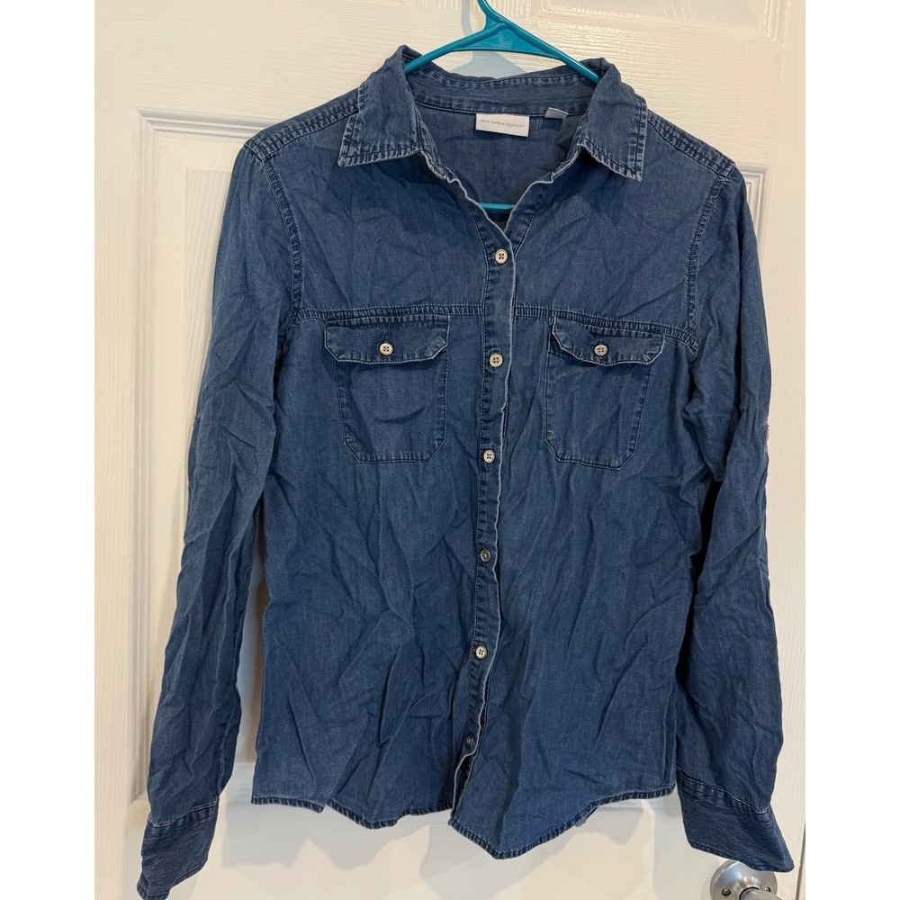 New York &‎ Company Denim Shirt Long Sleeve Button Down Pockets Blue M